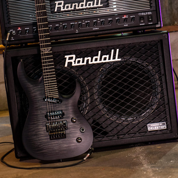 electric guitar in front of Randall amplifier with amplifier head