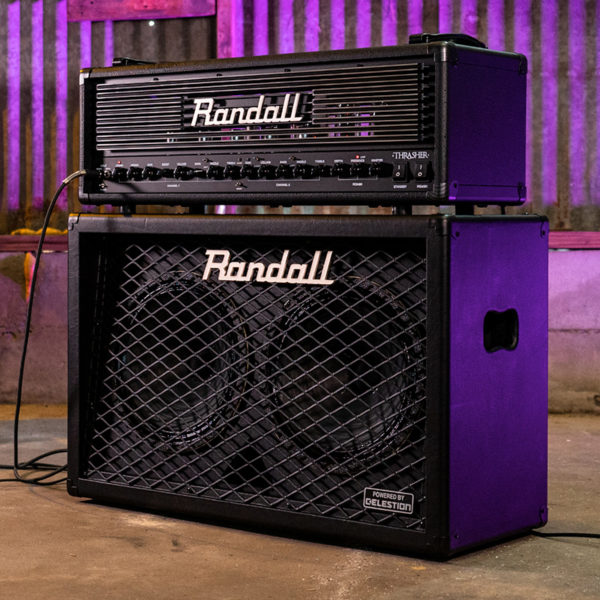 front/side view of Randall cabinet with amplifier head