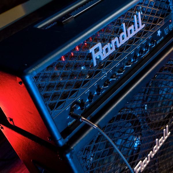 closeup of Randall amplifier head on top of Randall amplifier