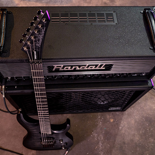 top view of Randall Thrasher Tube Amplifier and electric guitar