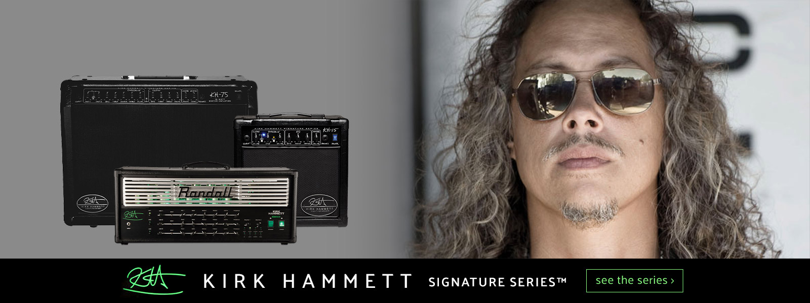 partial view of Kirk Hammett's face next to 3 of his signature Randall amplifiers