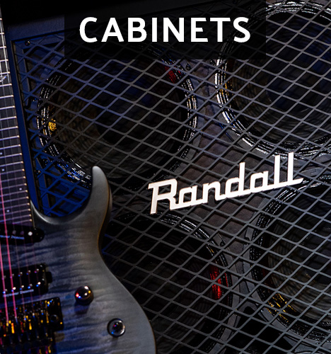 partial view of electric guitar in front of Randall cabinet